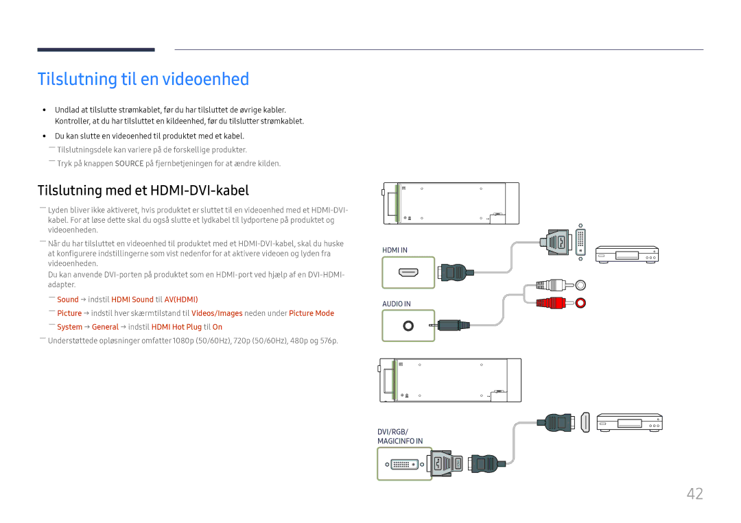 Samsung LH37SHFPLBB/EN manual Tilslutning til en videoenhed, ――Sound → indstil Hdmi Sound til Avhdmi 