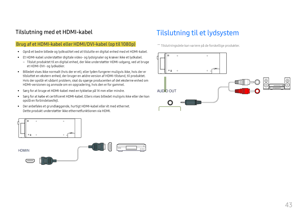 Samsung LH37SHFPLBB/EN manual Tilslutning til et lydsystem, Brug af et HDMI-kabel eller HDMI/DVI-kabel op til 1080p 