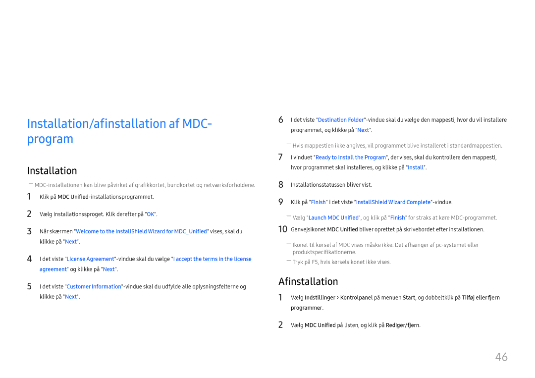 Samsung LH37SHFPLBB/EN manual Brug af MDC, Installation/afinstallation af MDC- program, Afinstallation, Programmer 