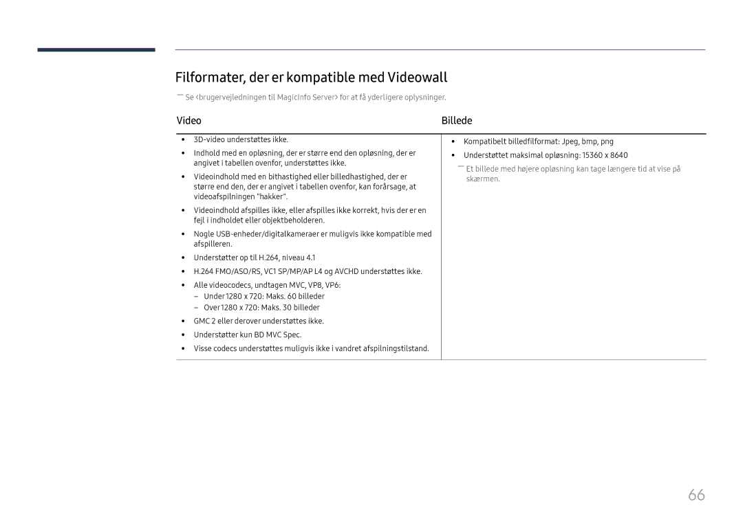 Samsung LH37SHFPLBB/EN manual Filformater, der er kompatible med Videowall 