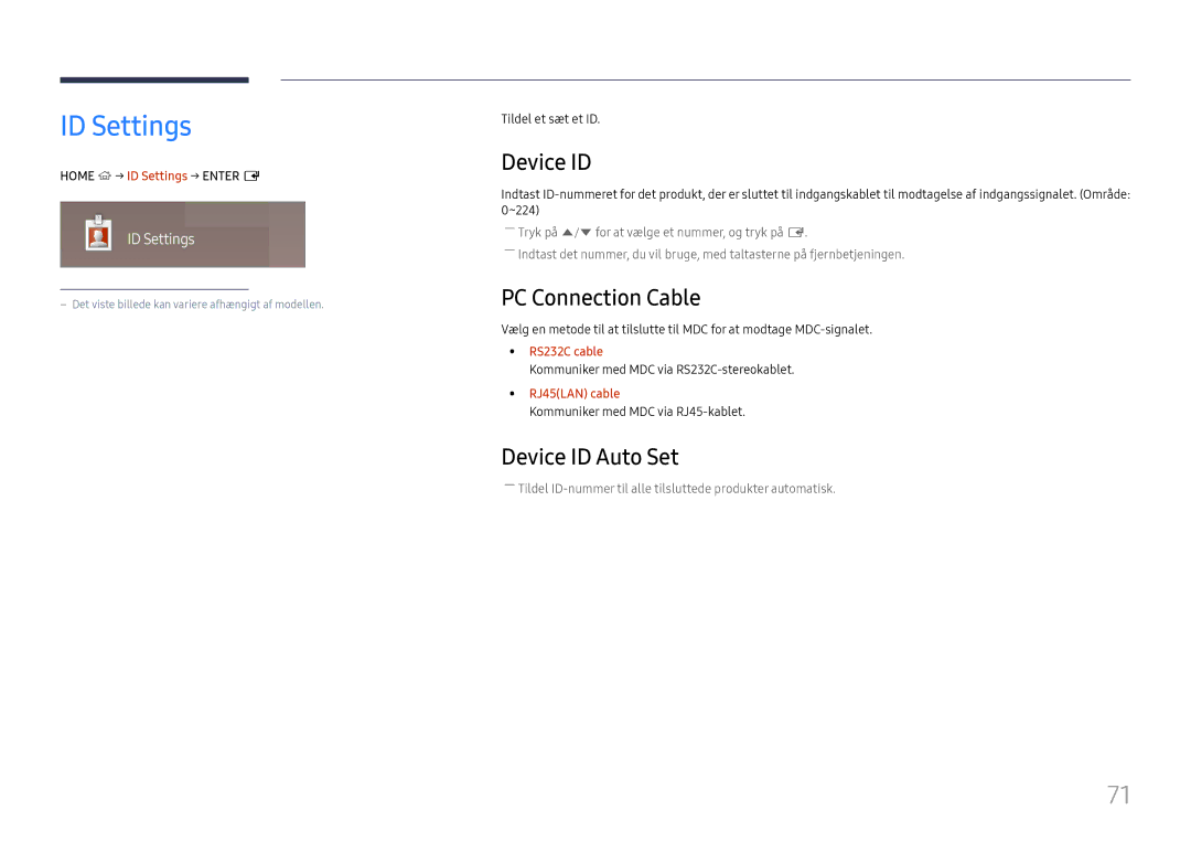 Samsung LH37SHFPLBB/EN manual ID Settings, PC Connection Cable, Device ID Auto Set 