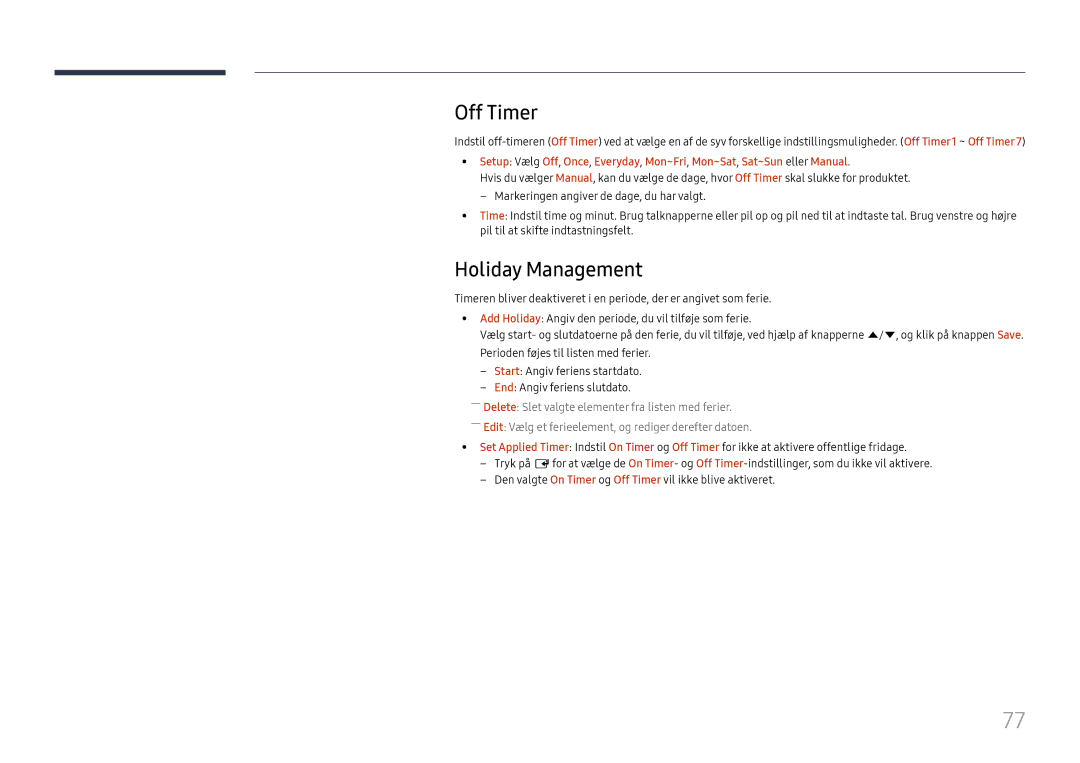 Samsung LH37SHFPLBB/EN manual Off Timer, Holiday Management 