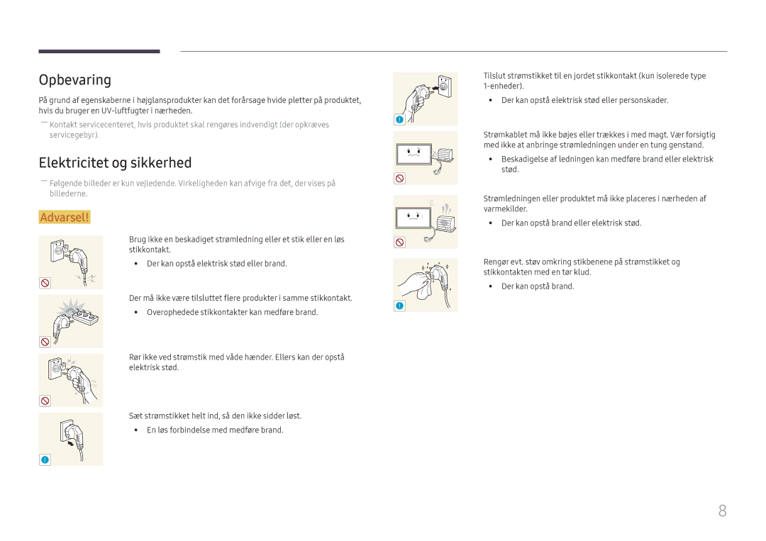 Samsung LH37SHFPLBB/EN manual Opbevaring, Elektricitet og sikkerhed 