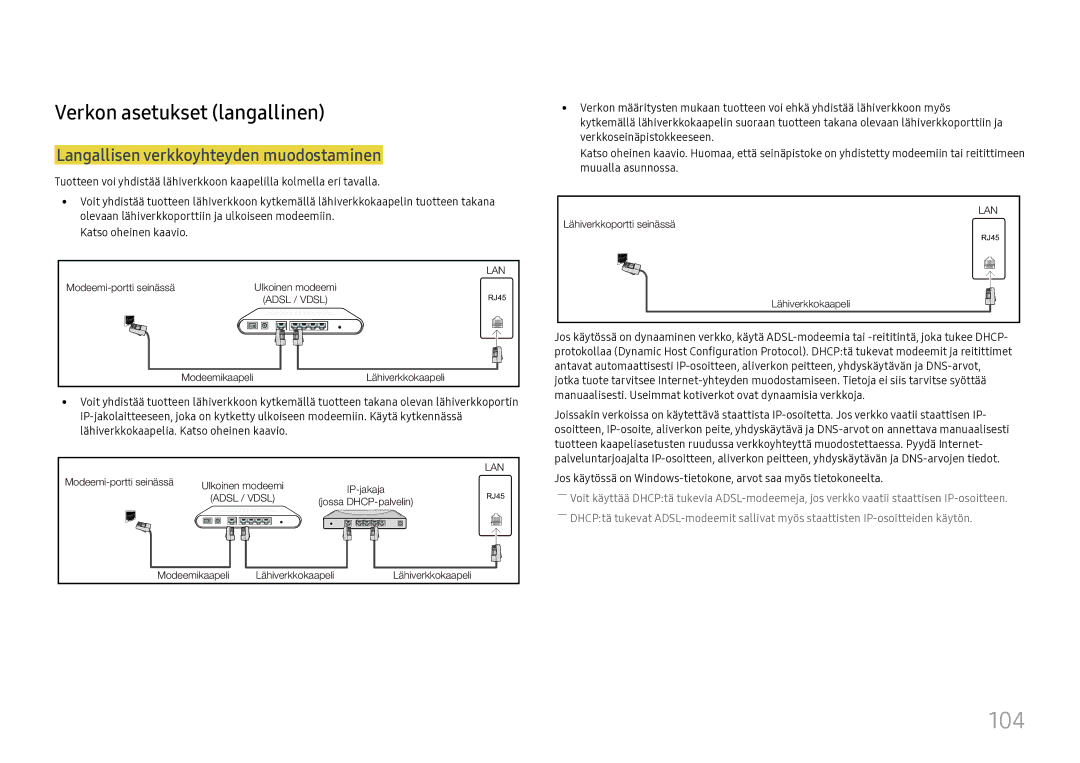 Samsung LH37SHFPLBB/EN manual 104, Verkon asetukset langallinen, Langallisen verkkoyhteyden muodostaminen 