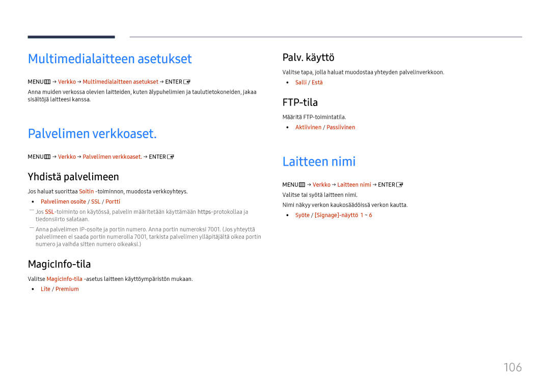 Samsung LH37SHFPLBB/EN manual Multimedialaitteen asetukset, Palvelimen verkkoaset, Laitteen nimi, 106 
