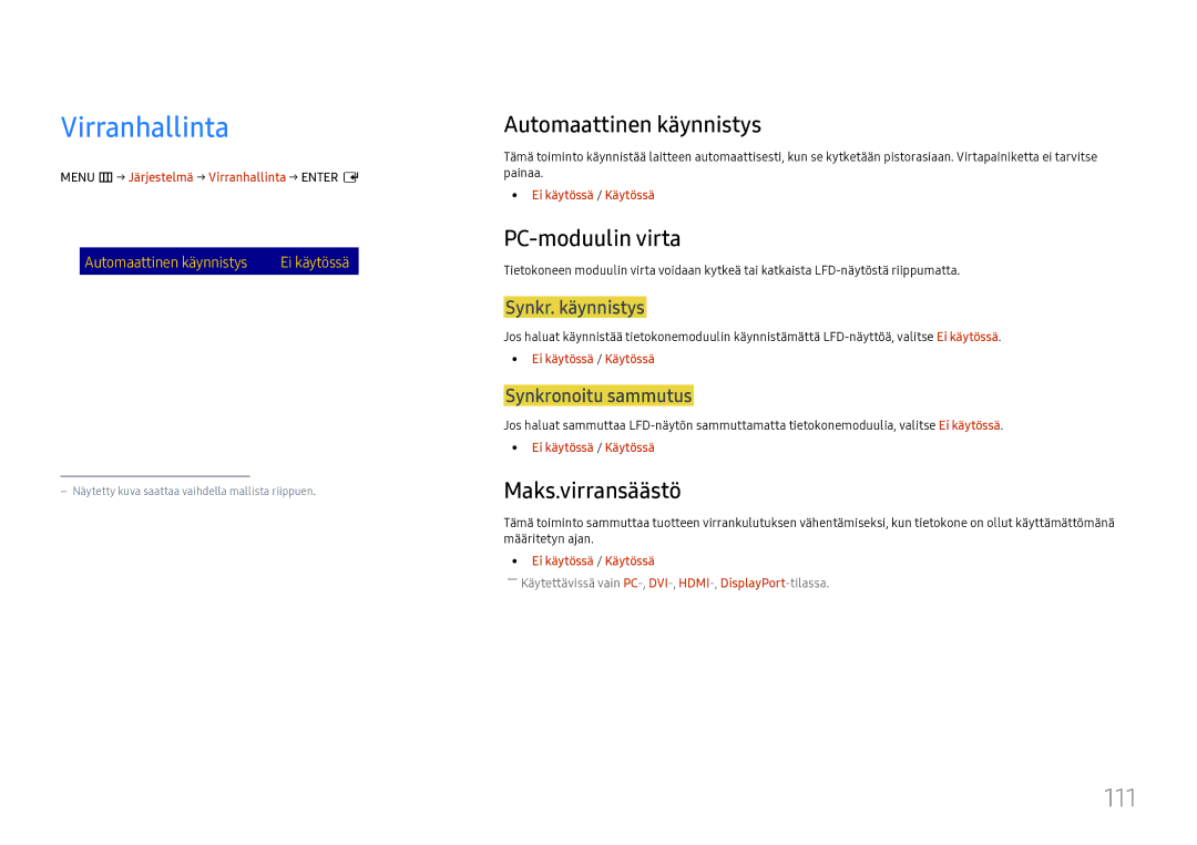 Samsung LH37SHFPLBB/EN manual Virranhallinta, 111, Automaattinen käynnistys, PC-moduulin virta, Maks.virransäästö 