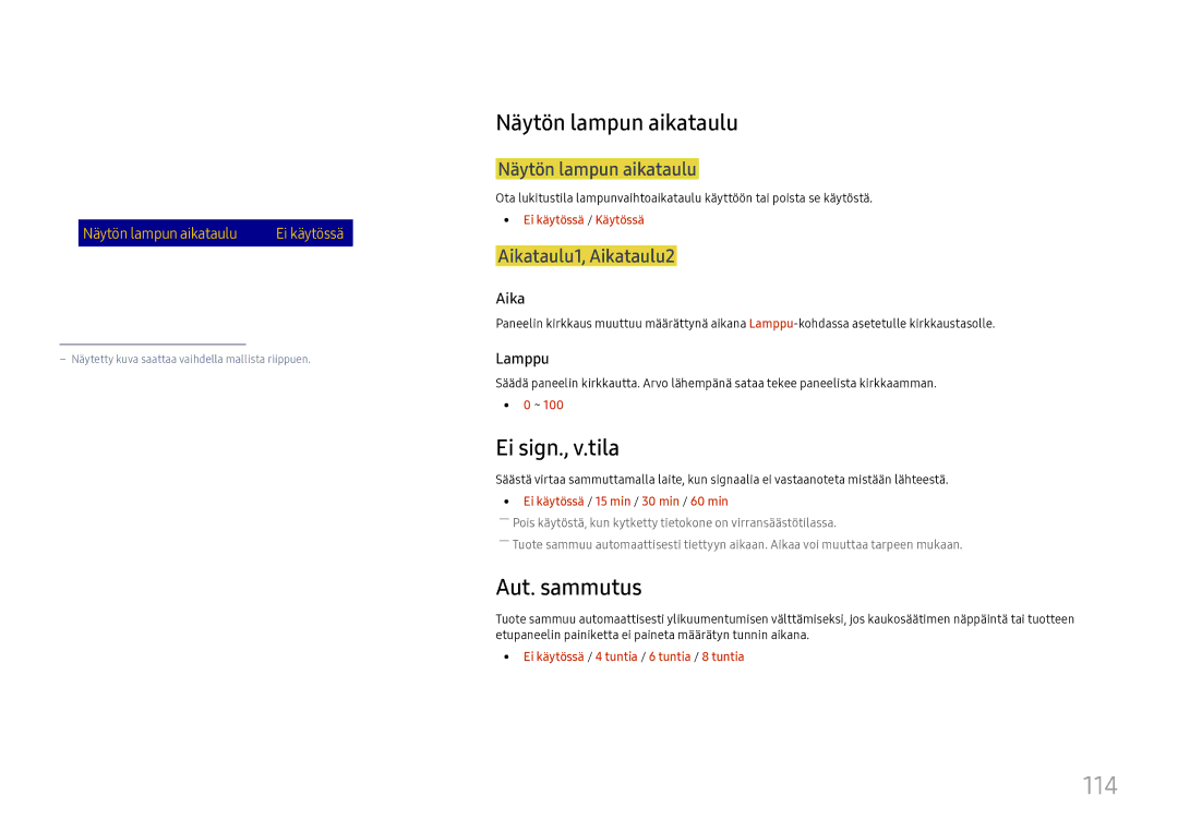 Samsung LH37SHFPLBB/EN manual 114, Näytön lampun aikataulu, Ei sign., v.tila, Aut. sammutus 