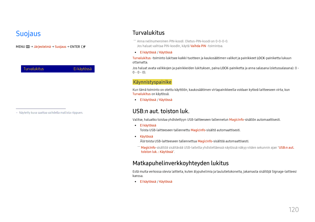 Samsung LH37SHFPLBB/EN manual Suojaus, 120, Turvalukitus, USBn aut. toiston luk, Matkapuhelinverkkoyhteyden lukitus 