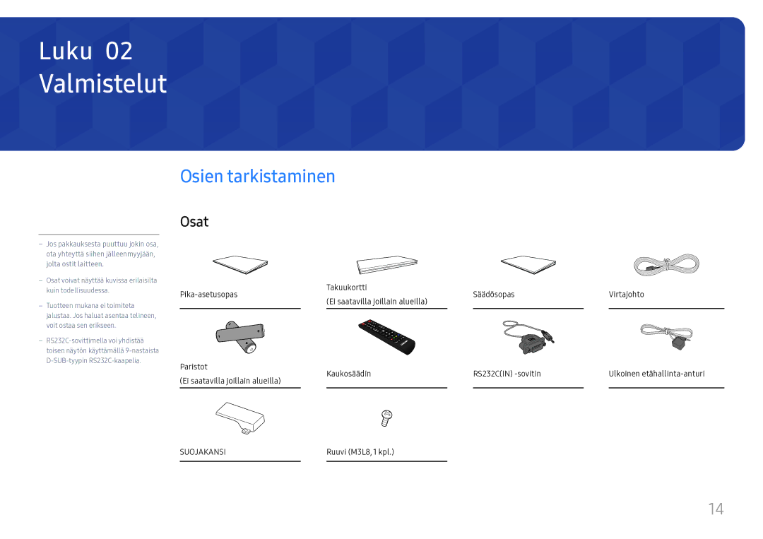 Samsung LH37SHFPLBB/EN manual Valmistelut, Osien tarkistaminen, Osat, Ruuvi M3L8, 1 kpl 