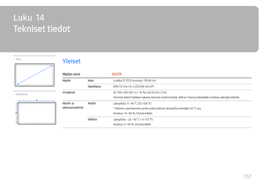 Samsung LH37SHFPLBB/EN manual Tekniset tiedot, 151 