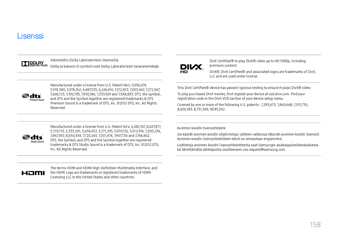 Samsung LH37SHFPLBB/EN manual Lisenssi, 158, DTS and the Symbol together are registered trademarks & DTS, Reserved 