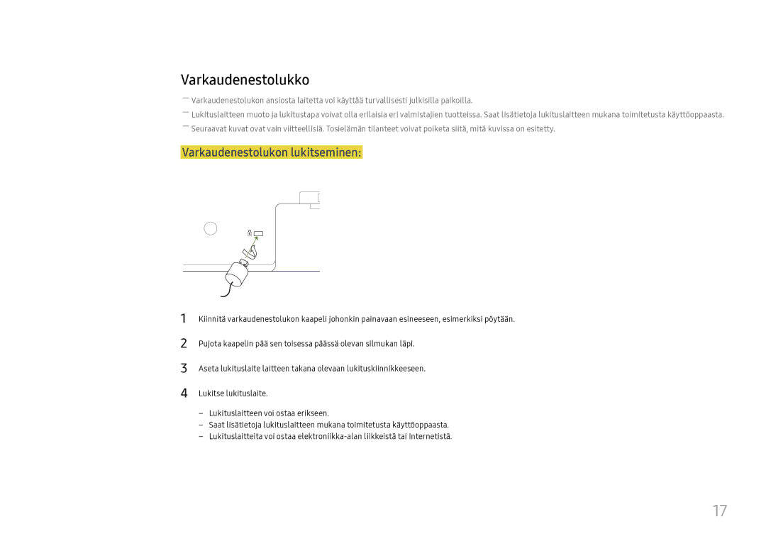 Samsung LH37SHFPLBB/EN manual Varkaudenestolukko, Varkaudenestolukon lukitseminen 