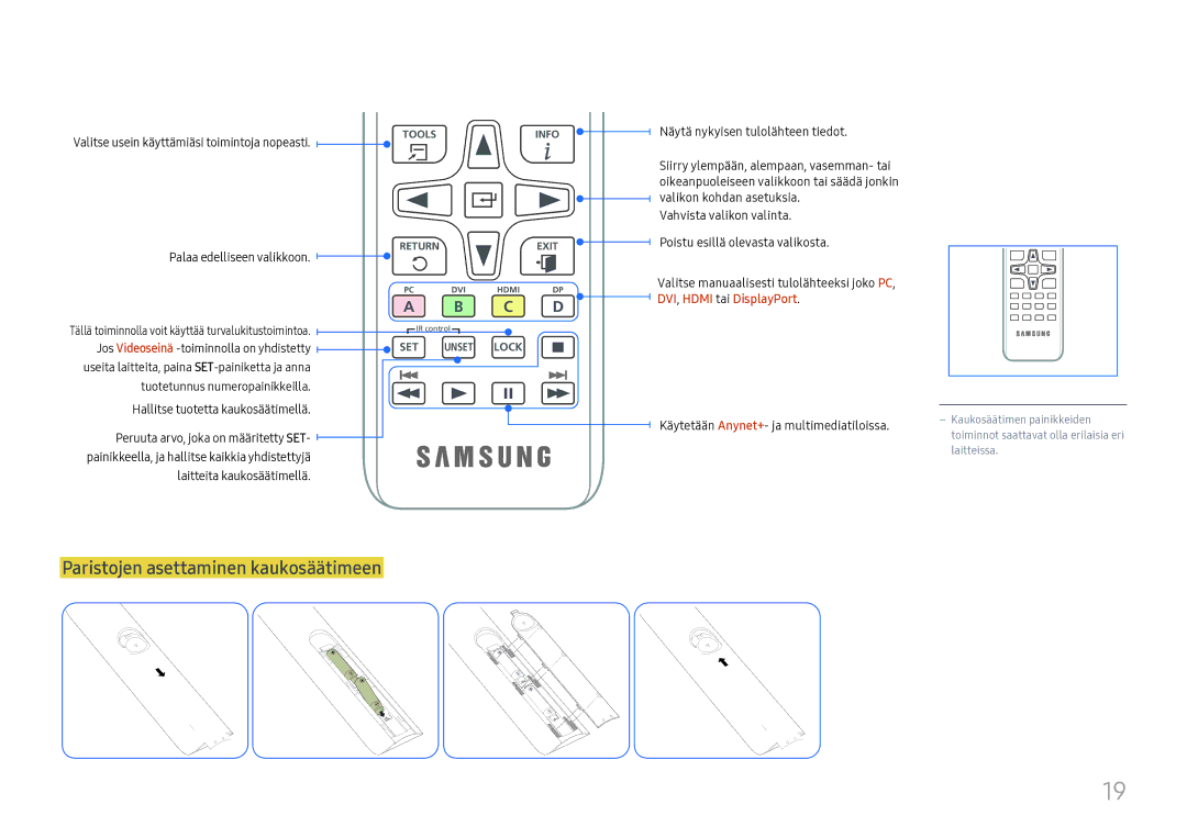 Samsung LH37SHFPLBB/EN manual Paristojen asettaminen kaukosäätimeen, Valitse usein käyttämiäsi toimintoja nopeasti 