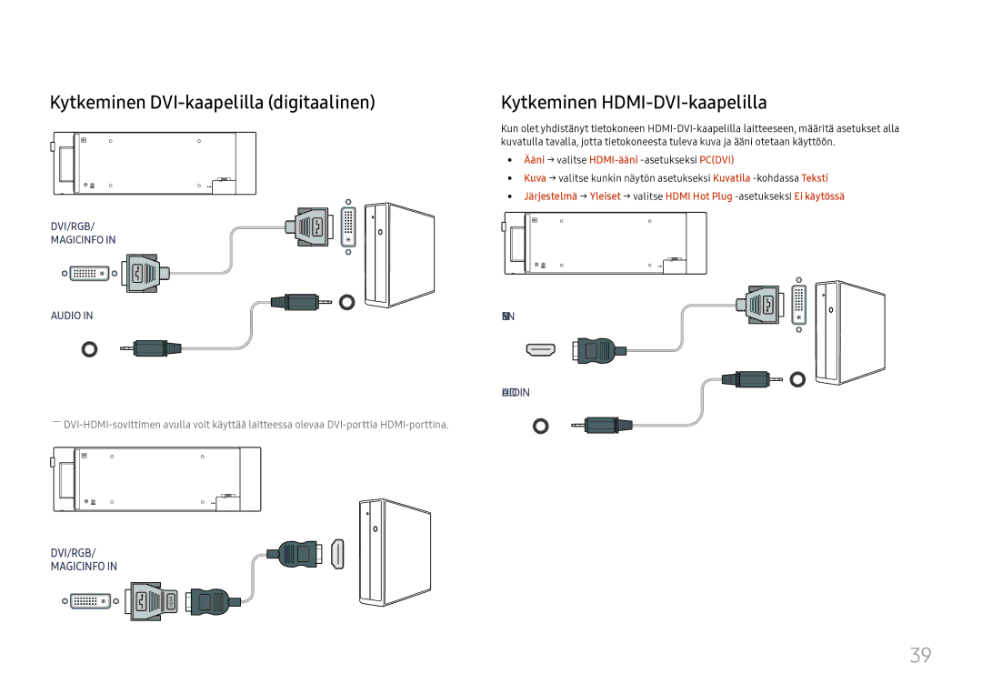 Samsung LH37SHFPLBB/EN manual Kytkeminen DVI-kaapelilla digitaalinen, Kytkeminen HDMI-DVI-kaapelilla 