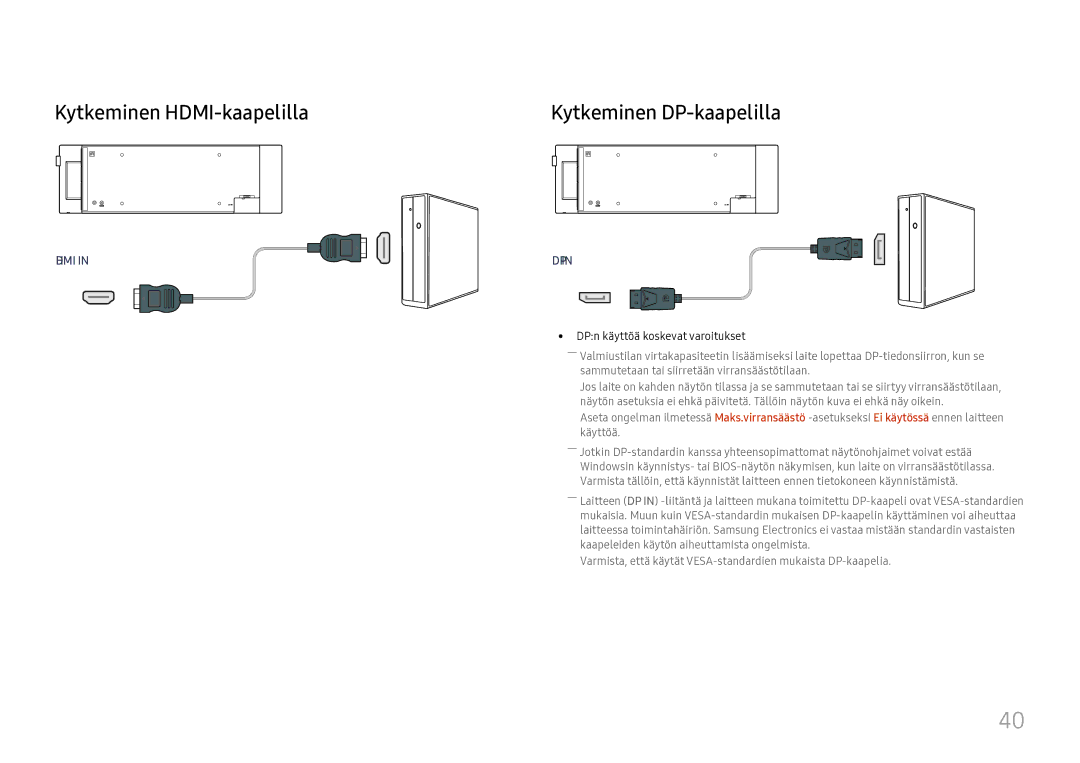 Samsung LH37SHFPLBB/EN manual Kytkeminen HDMI-kaapelilla, Kytkeminen DP-kaapelilla, DPn käyttöä koskevat varoitukset 