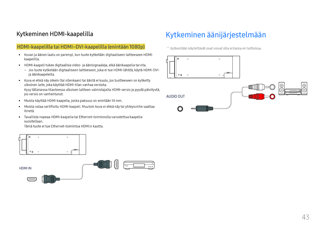 Samsung LH37SHFPLBB/EN manual Kytkeminen äänijärjestelmään, HDMI-kaapelilla tai HDMI-DVI-kaapelilla enintään 1080p 