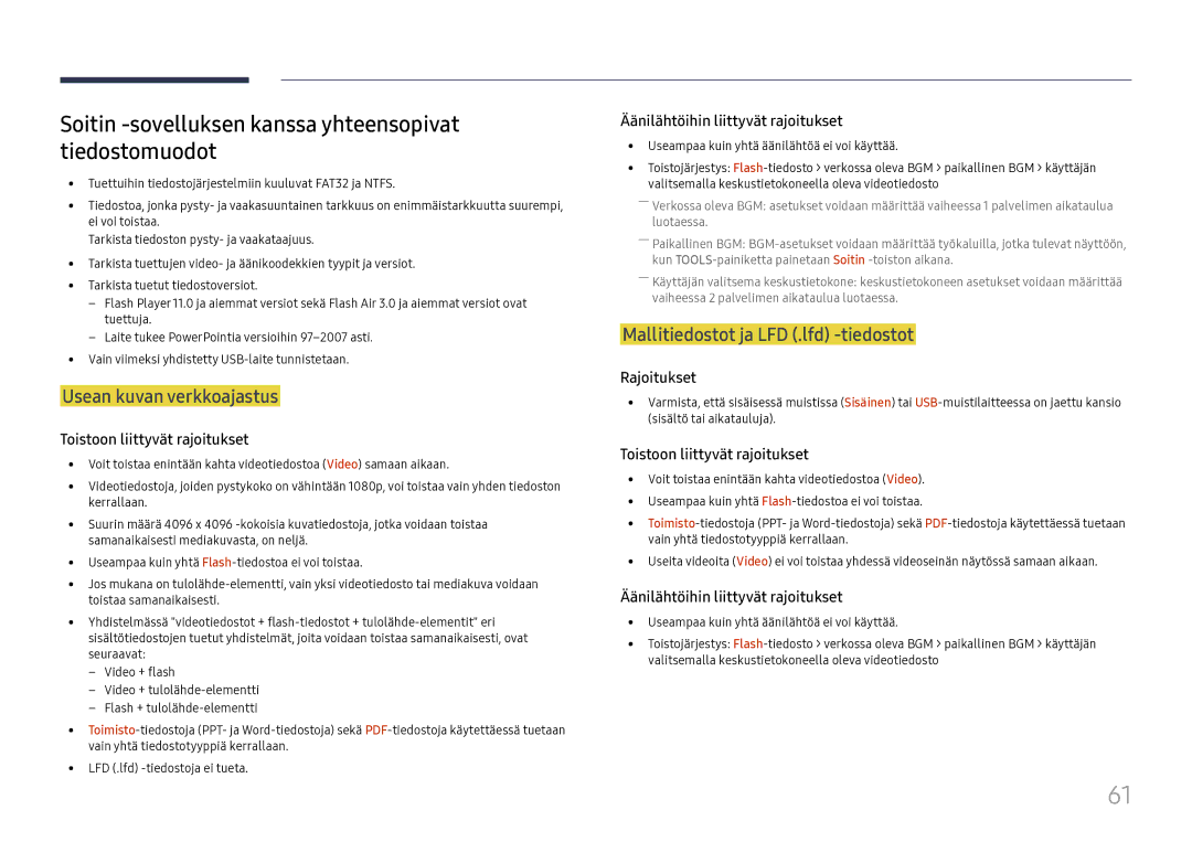 Samsung LH37SHFPLBB/EN manual Soitin -sovelluksen kanssa yhteensopivat tiedostomuodot, Usean kuvan verkkoajastus 