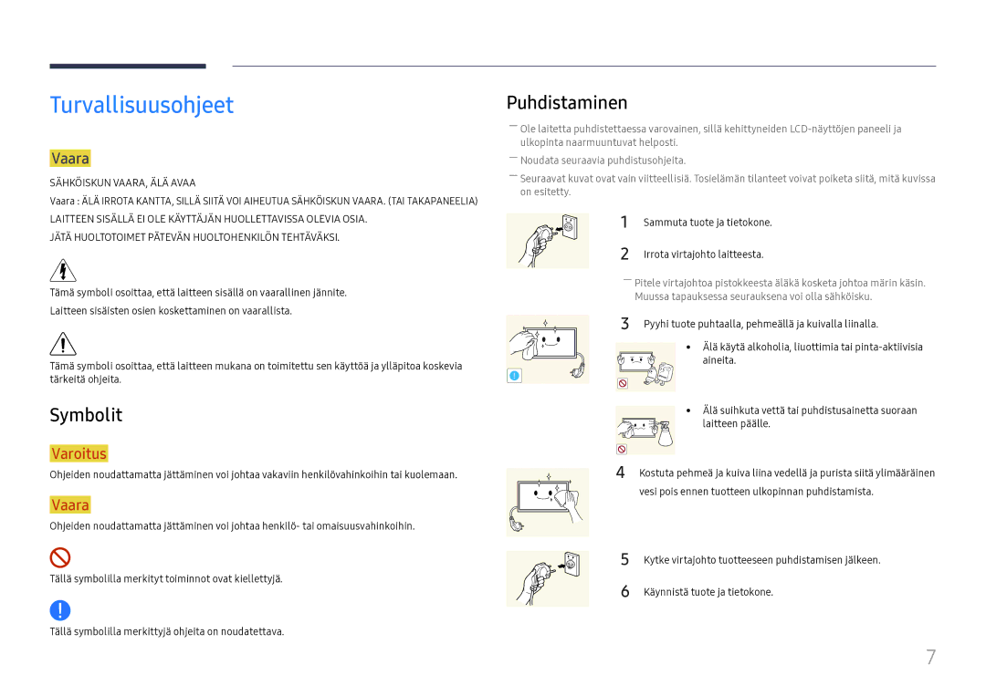 Samsung LH37SHFPLBB/EN manual Turvallisuusohjeet, Symbolit, Puhdistaminen, Vaara 