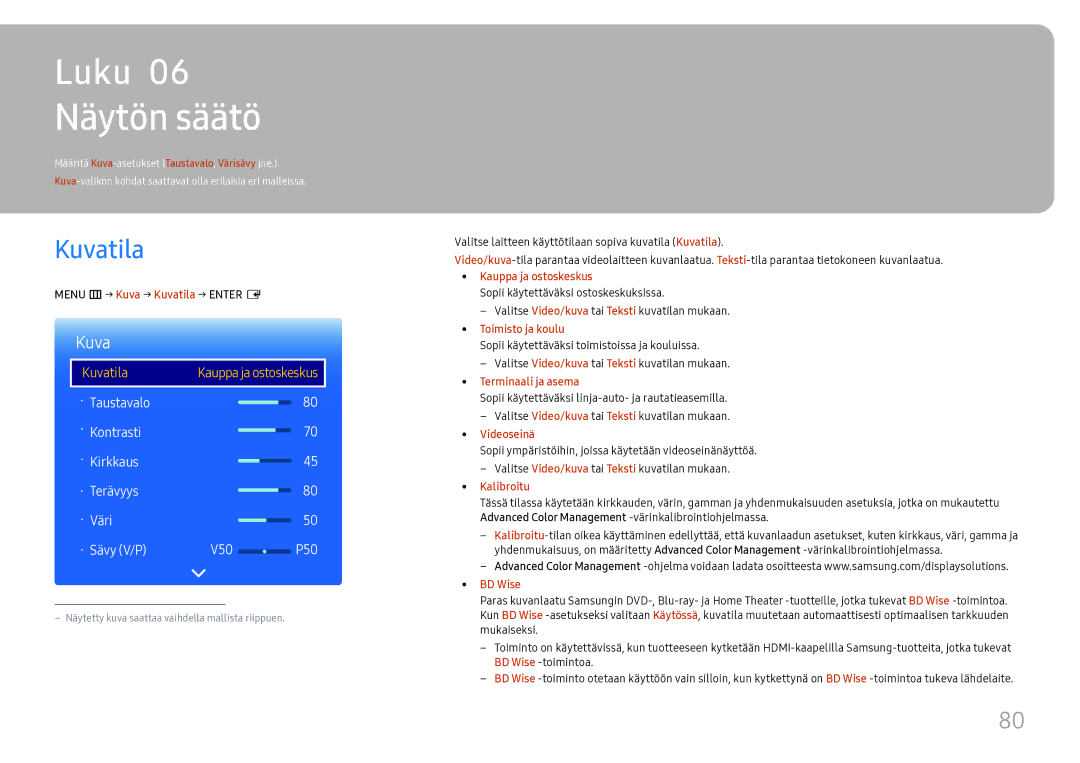 Samsung LH37SHFPLBB/EN manual Näytön säätö, Menu m → Kuva → Kuvatila → Enter E 