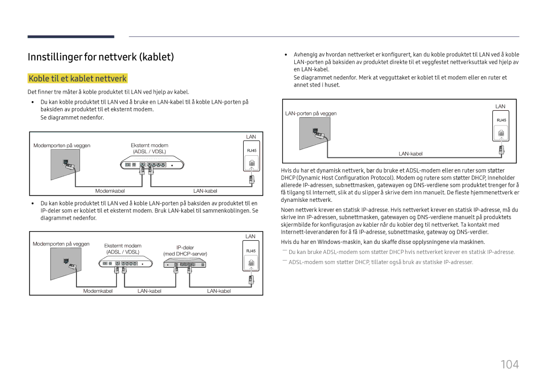 Samsung LH37SHFPLBB/EN manual 104, Innstillinger for nettverk kablet, Koble til et kablet nettverk 