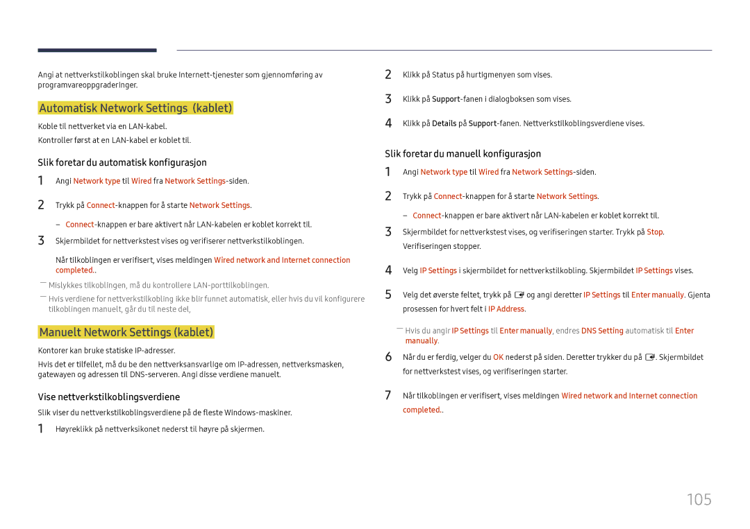 Samsung LH37SHFPLBB/EN manual 105, Automatisk Network Settings kablet, Manuelt Network Settings kablet 