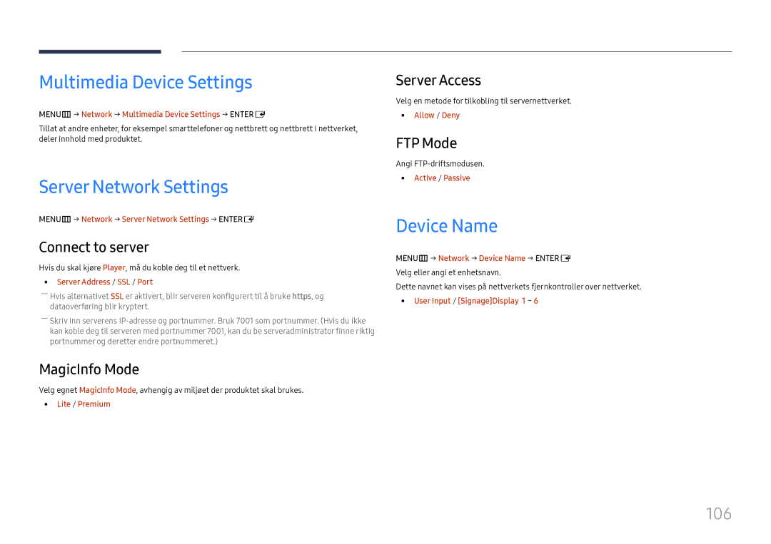 Samsung LH37SHFPLBB/EN manual Multimedia Device Settings, Server Network Settings, Device Name, 106 