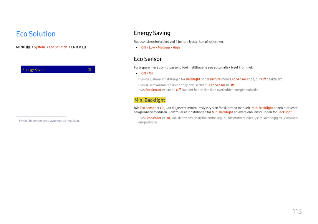 Samsung LH37SHFPLBB/EN manual Eco Solution, 113, Energy Saving, Eco Sensor 