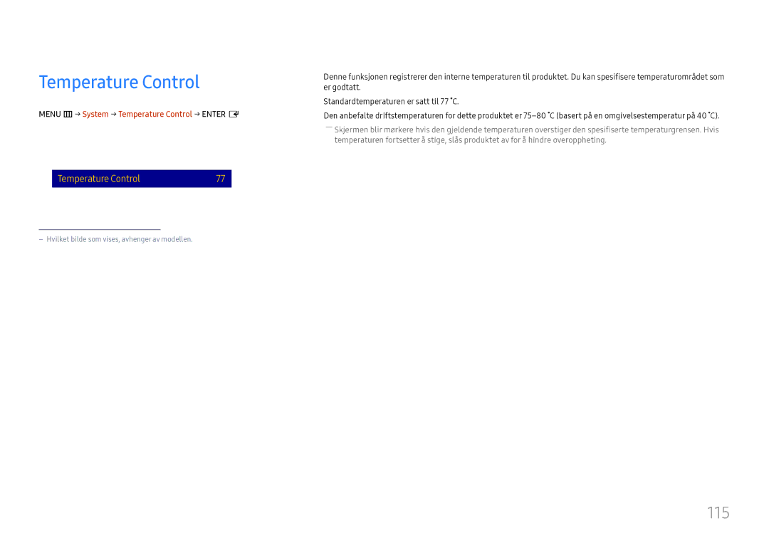 Samsung LH37SHFPLBB/EN manual 115, Menu m → System → Temperature Control → Enter E 