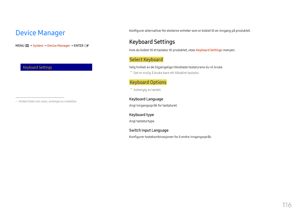 Samsung LH37SHFPLBB/EN manual Device Manager, 116, Keyboard Settings 