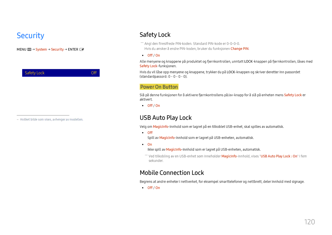 Samsung LH37SHFPLBB/EN manual Security, 120, Safety Lock, USB Auto Play Lock, Mobile Connection Lock 