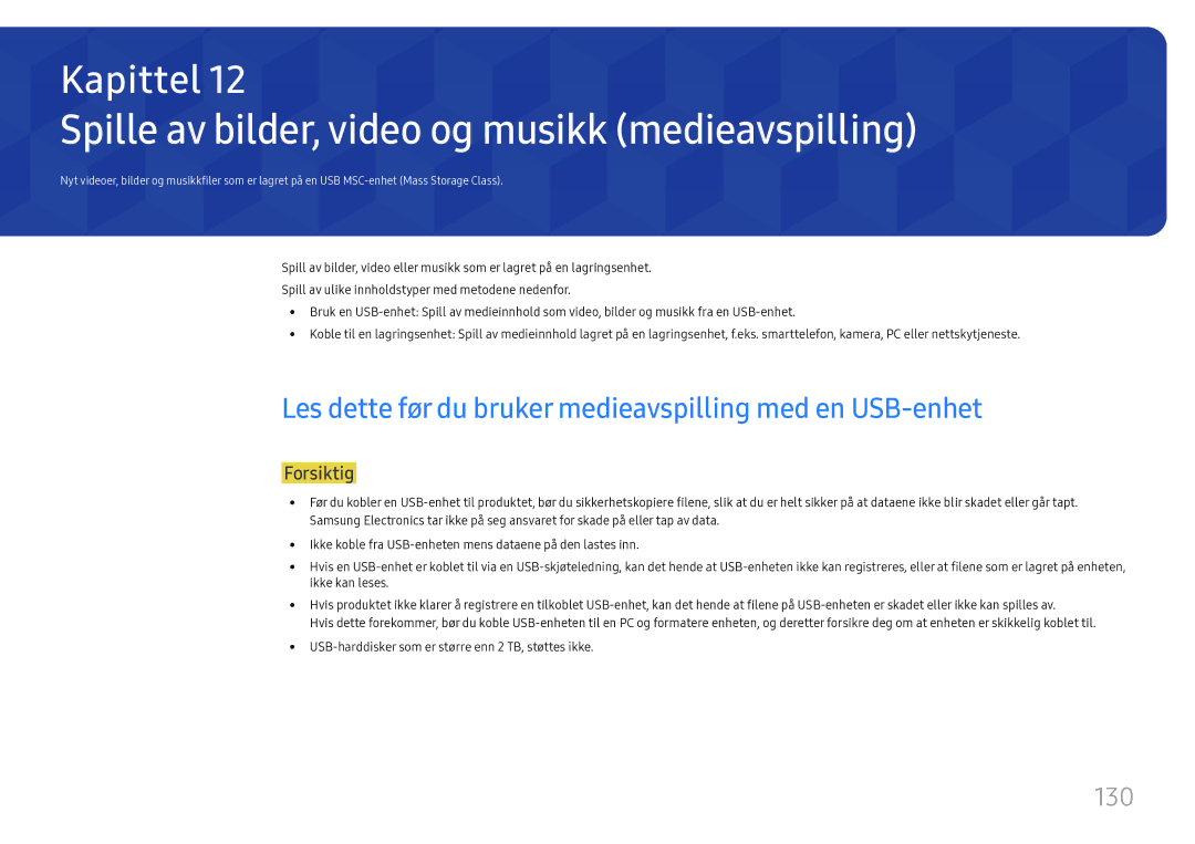 Samsung LH37SHFPLBB/EN manual Spille av bilder, video og musikk medieavspilling, 130 