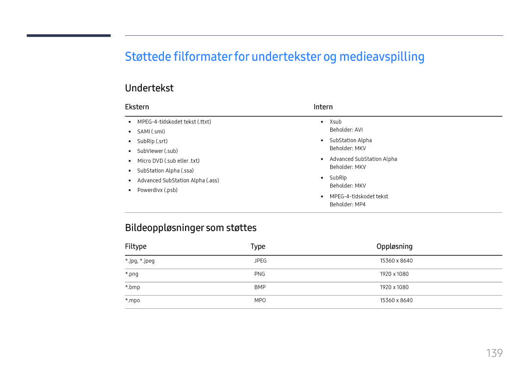 Samsung LH37SHFPLBB/EN manual Støttede filformater for undertekster og medieavspilling, 139, Undertekst 