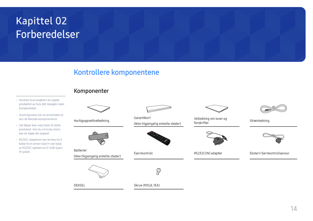 Samsung LH37SHFPLBB/EN manual Forberedelser, Kontrollere komponentene, Komponenter, Skrue M3L8, 1EA 