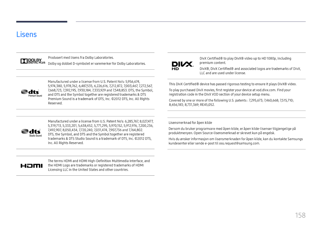 Samsung LH37SHFPLBB/EN manual Lisens, 158, DTS and the Symbol together are registered trademarks & DTS, Reserved 