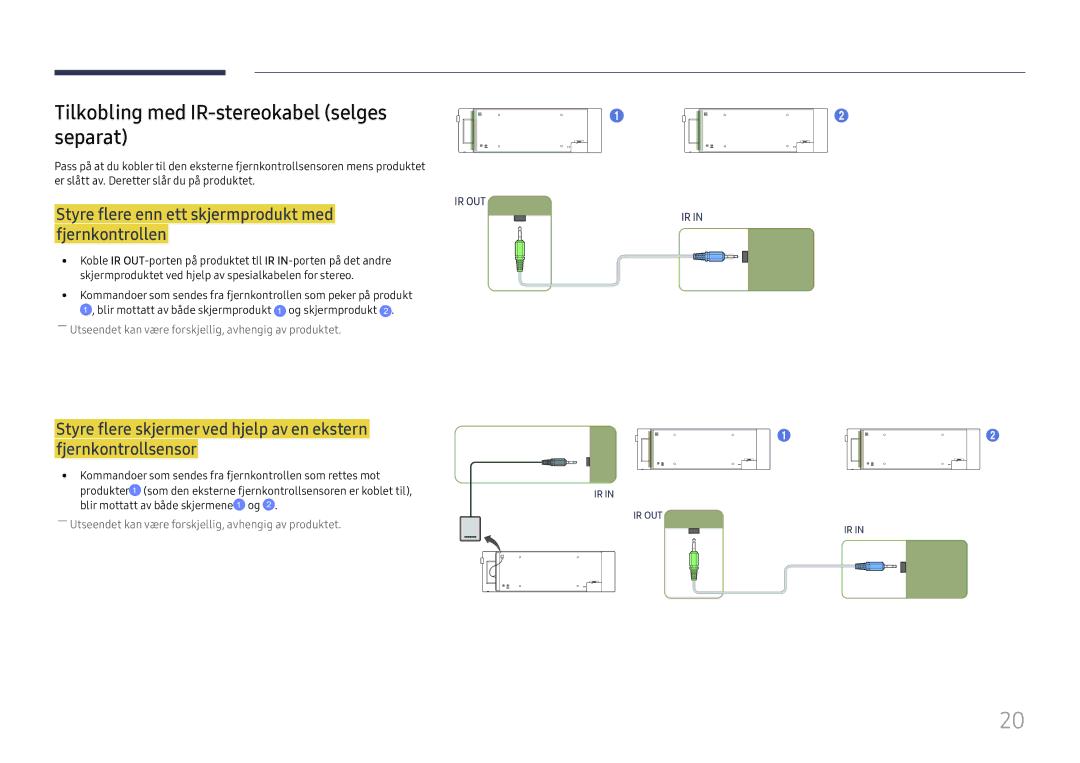 Samsung LH37SHFPLBB/EN Tilkobling med IR-stereokabel selges separat, Styre flere enn ett skjermprodukt med fjernkontrollen 