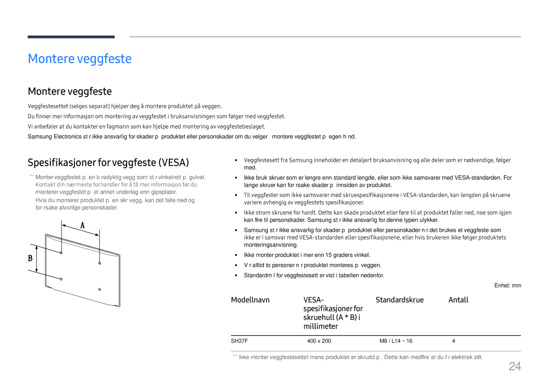 Samsung LH37SHFPLBB/EN manual Montere veggfeste, Spesifikasjoner for veggfeste Vesa, Modellnavn 