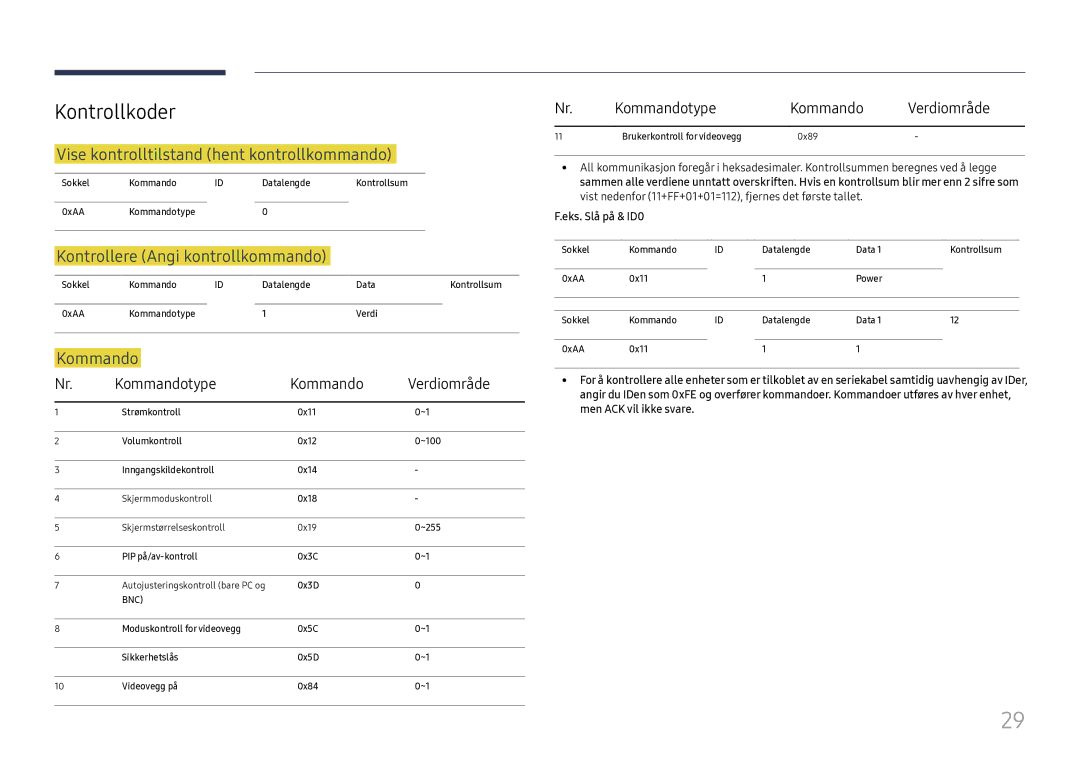 Samsung LH37SHFPLBB/EN manual Kontrollkoder, Vise kontrolltilstand hent kontrollkommando, Kontrollere Angi kontrollkommando 