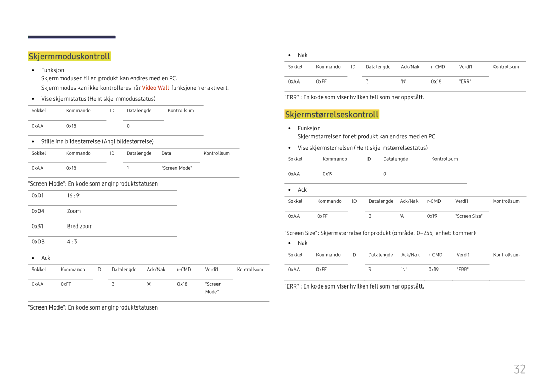 Samsung LH37SHFPLBB/EN manual Skjermmoduskontroll, Skjermstørrelseskontroll, Stille inn bildestørrelse Angi bildestørrelse 