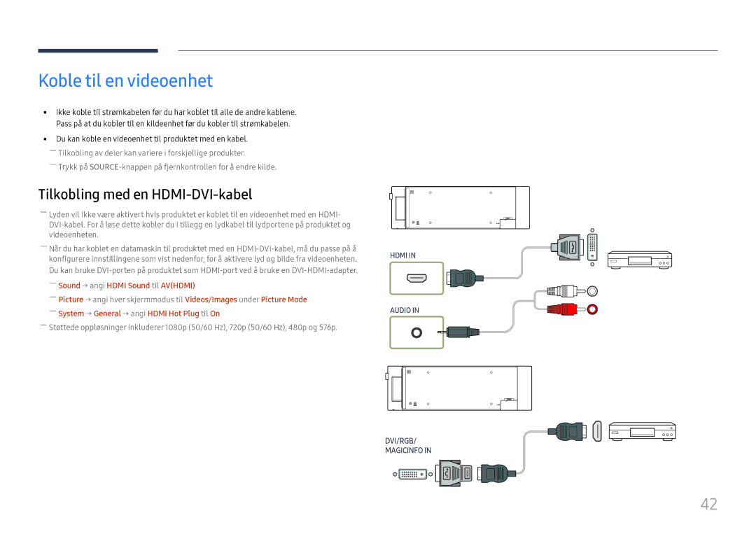 Samsung LH37SHFPLBB/EN manual Koble til en videoenhet, ――Sound → angi Hdmi Sound til Avhdmi 