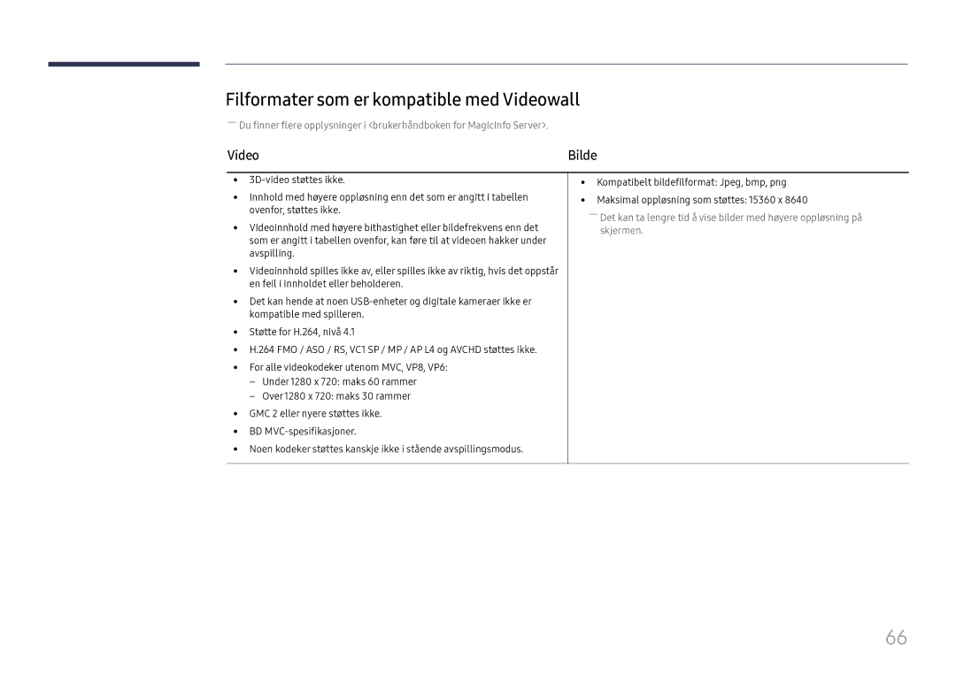 Samsung LH37SHFPLBB/EN manual Filformater som er kompatible med Videowall 