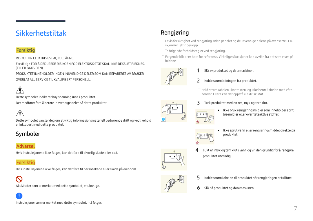 Samsung LH37SHFPLBB/EN manual Sikkerhetstiltak, Symboler, Rengjøring, Forsiktig, Slå på produktet og datamaskinen 