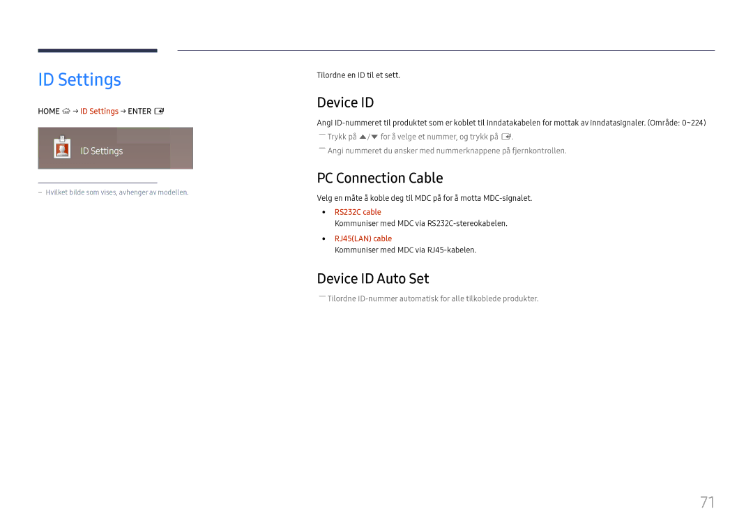 Samsung LH37SHFPLBB/EN manual ID Settings, PC Connection Cable, Device ID Auto Set 