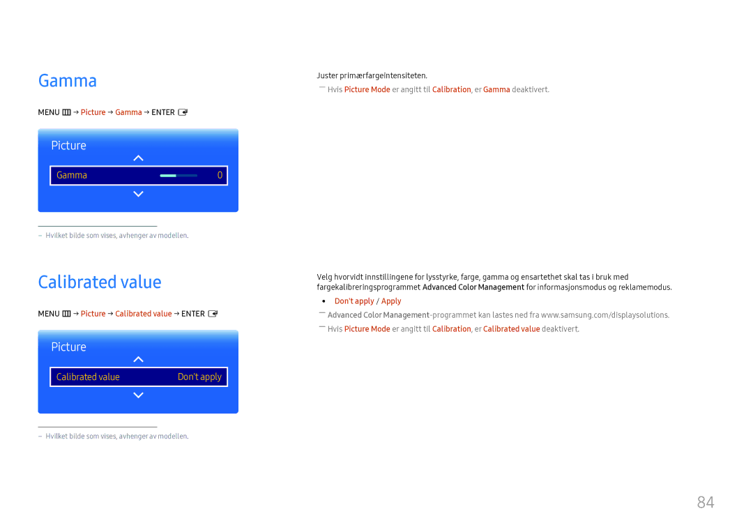 Samsung LH37SHFPLBB/EN manual Calibrated value, Menu m → Picture → Gamma → Enter E, Dont apply / Apply 