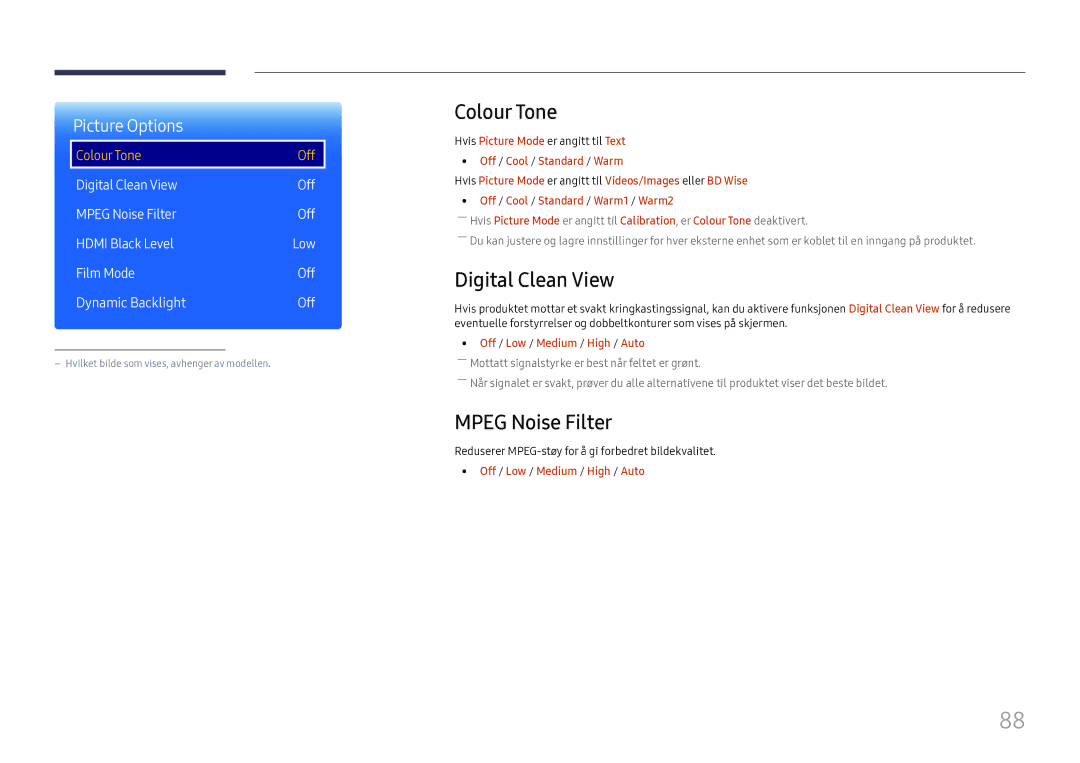 Samsung LH37SHFPLBB/EN manual Colour Tone, Digital Clean View, Mpeg Noise Filter, Off / Low / Medium / High / Auto 