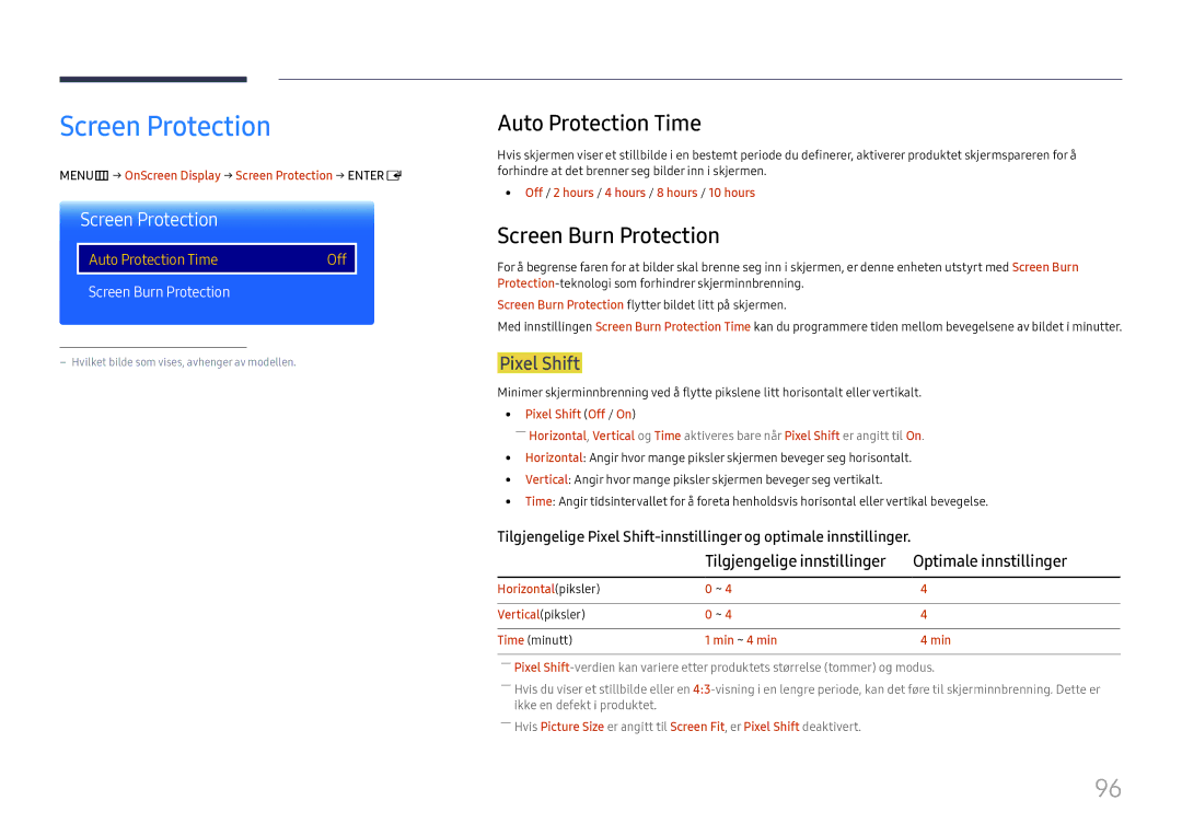 Samsung LH37SHFPLBB/EN manual Screen Protection, Auto Protection Time, Screen Burn Protection, Pixel Shift 