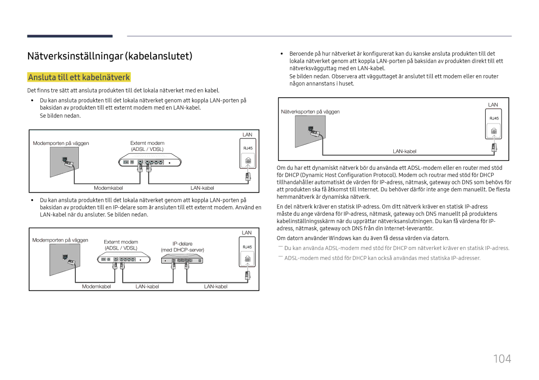 Samsung LH37SHFPLBB/EN manual 104, Nätverksinställningar kabelanslutet, Ansluta till ett kabelnätverk 