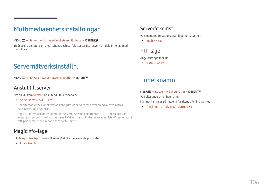 Samsung LH37SHFPLBB/EN manual Multimediaenhetsinställningar, Servernätverksinställn, Enhetsnamn, 106 