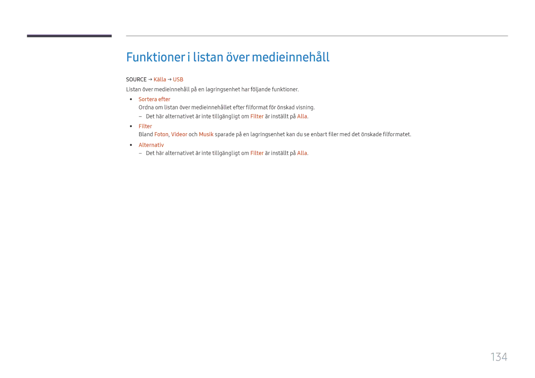 Samsung LH37SHFPLBB/EN manual Funktioner i listan över medieinnehåll, 134, Source → Källa → USB, Filter 