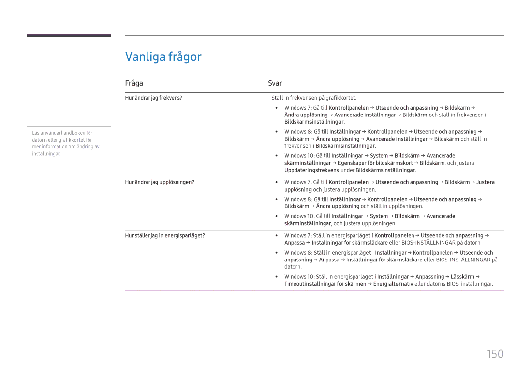 Samsung LH37SHFPLBB/EN manual Vanliga frågor, 150, Fråga Svar 