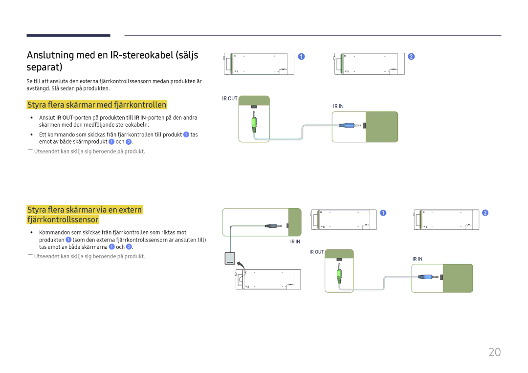 Samsung LH37SHFPLBB/EN manual Anslutning med en IR-stereokabel säljs separat, Styra flera skärmar med fjärrkontrollen 